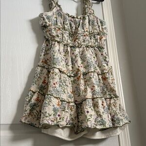 Japna Cream Floral Tiered Mini Dress Ruffle Straps Elastic Bust Cottagecore